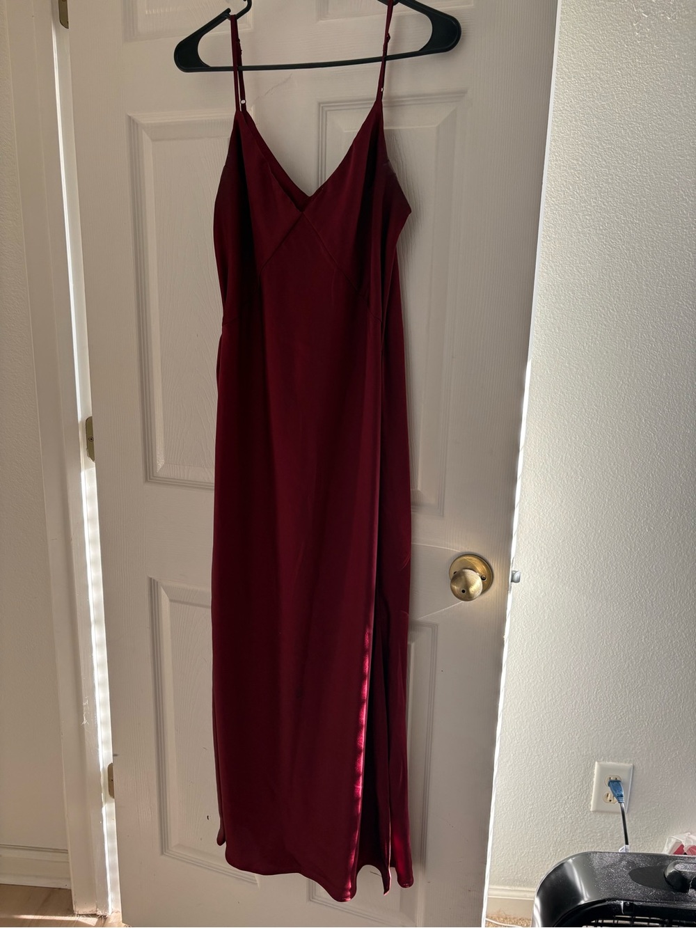 A New Day Spaghetti Strap Satin Maxi Dress in Burgundy